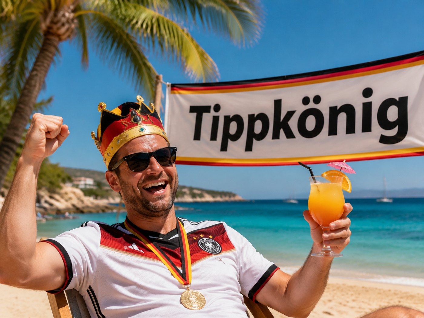 Tippkönig feiert seinen Sieg mit Krone am Strand auf Mallorca