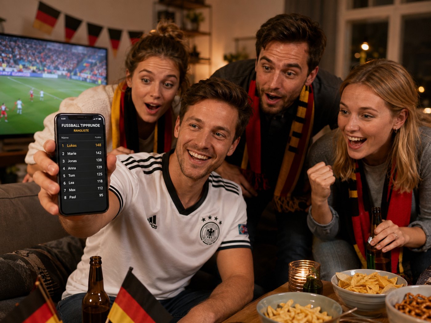 Freunde verfolgen gemeinsam die Tippkönig-Rangliste auf dem Handy